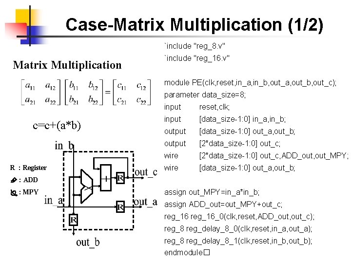 Case-Matrix Multiplication (1/2) `include "reg_8. v" Matrix Multiplication `include "reg_16. v" module PE(clk, reset,