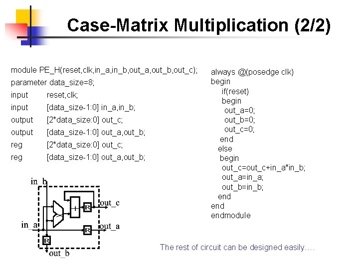 Case-Matrix Multiplication (2/2) module PE_H(reset, clk, in_a, in_b, out_a, out_b, out_c); parameter data_size=8; input