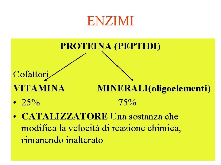 ENZIMI PROTEINA (PEPTIDI) Cofattori VITAMINA MINERALI(oligoelementi) • 25% 75% • CATALIZZATORE Una sostanza che