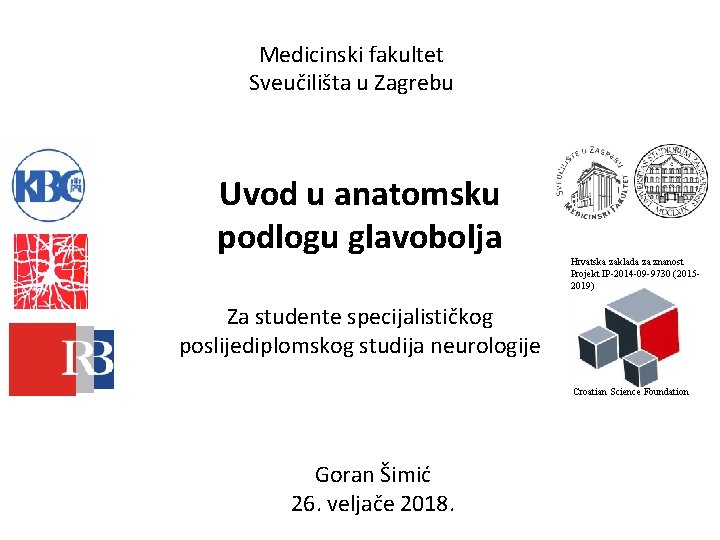 Medicinski fakultet Sveučilišta u Zagrebu Uvod u anatomsku podlogu glavobolja Hrvatska zaklada za znanost