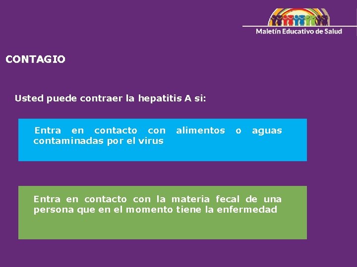 CONTAGIO Usted puede contraer la hepatitis A si: Entra en contacto con alimentos o