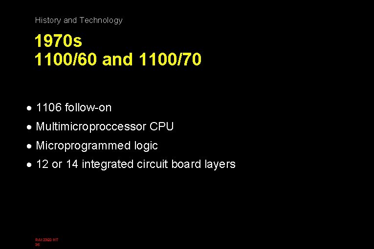 History and Technology 1970 s 1100/60 and 1100/70 · 1106 follow-on · Multimicroproccessor CPU