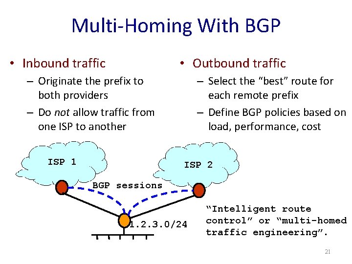 Multi-Homing With BGP • Inbound traffic • Outbound traffic – Originate the prefix to