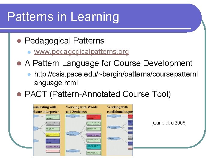 Patterns in Learning l Pedagogical Patterns l l A Pattern Language for Course Development Patterns in Learning l Pedagogical Patterns l l A Pattern Language for Course Development