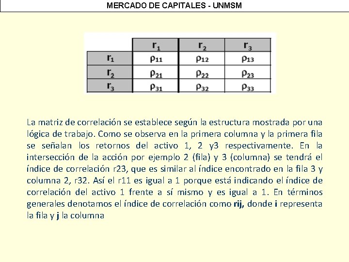 MERCADO DE CAPITALES - UNMSM La matriz de correlación se establece según la estructura