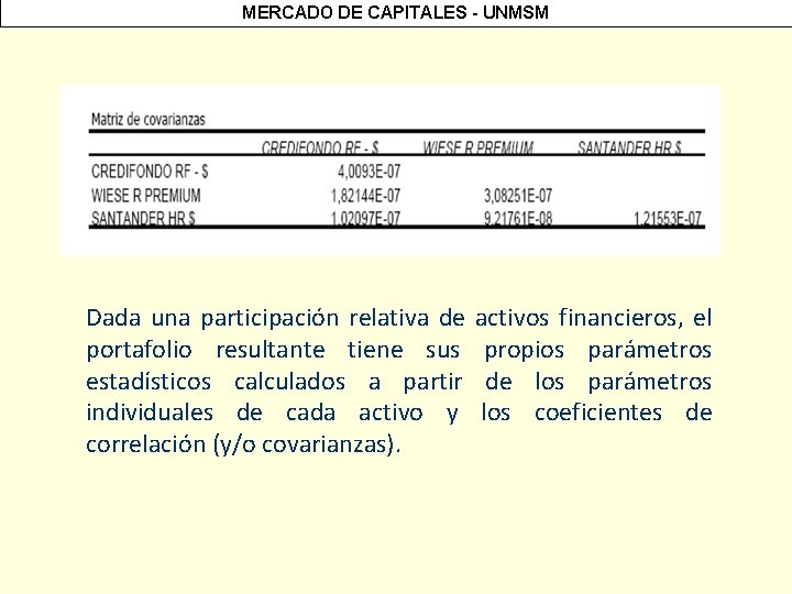 MERCADO DE CAPITALES - UNMSM Dada una participación relativa de portafolio resultante tiene sus