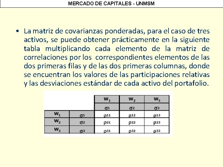 MERCADO DE CAPITALES - UNMSM • La matriz de covarianzas ponderadas, para el caso