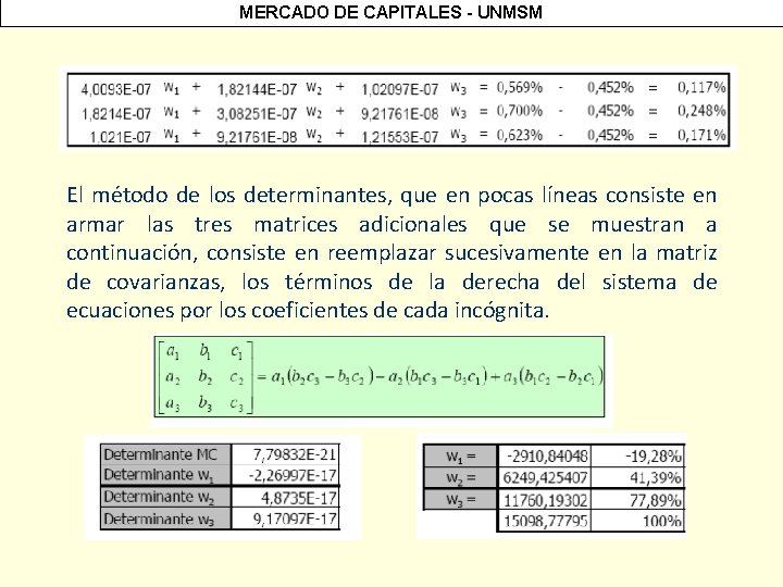 MERCADO DE CAPITALES - UNMSM El método de los determinantes, que en pocas líneas