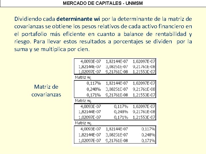 MERCADO DE CAPITALES - UNMSM Dividiendo cada determinante wi por la determinante de la