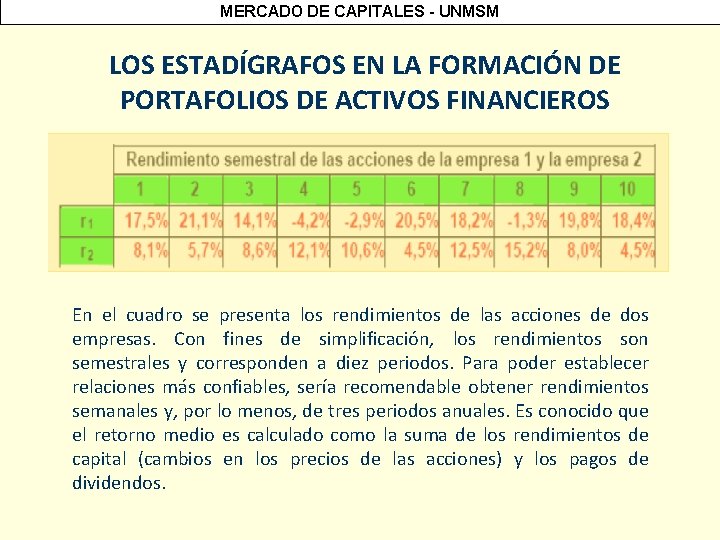 MERCADO DE CAPITALES - UNMSM LOS ESTADÍGRAFOS EN LA FORMACIÓN DE PORTAFOLIOS DE ACTIVOS