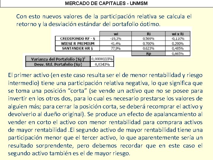 MERCADO DE CAPITALES - UNMSM Con esto nuevos valores de la participación relativa se