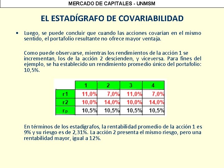 MERCADO DE CAPITALES - UNMSM EL ESTADÍGRAFO DE COVARIABILIDAD • Luego, se puede concluir