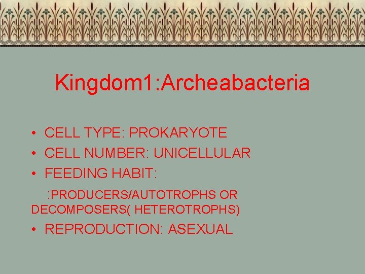 Kingdom 1: Archeabacteria • CELL TYPE: PROKARYOTE • CELL NUMBER: UNICELLULAR • FEEDING HABIT: