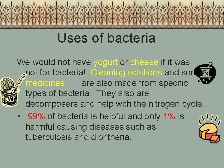Uses of bacteria We would not have yogurt or cheese if it was not
