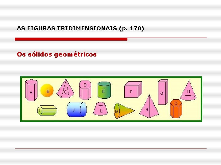 AS FIGURAS TRIDIMENSIONAIS (p. 170) Os sólidos geométricos 