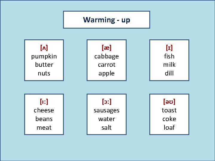 Warming - up [ʌ] pumpkin butter nuts [æ] cabbage carrot apple [ɪ] fish milk