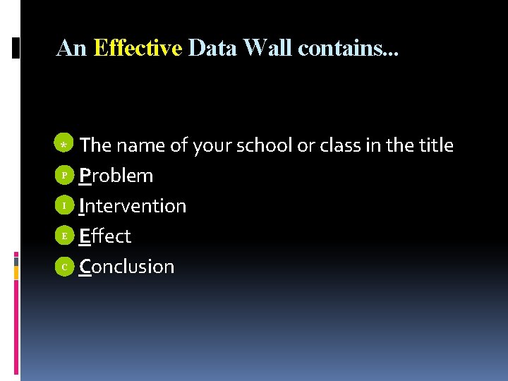 An Effective Data Wall contains. . . * P I E C The name