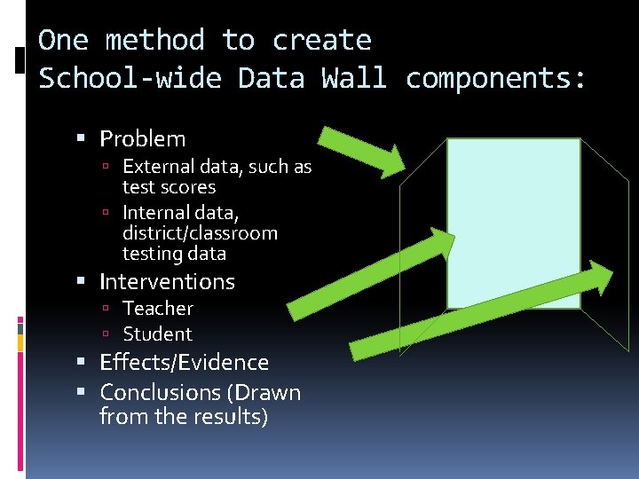 One method to create School-wide Data Wall components: Problem External data, such as test