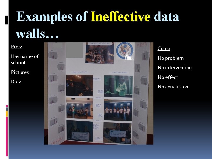 Examples of Ineffective data walls… Pros: Cons: Has name of school No problem Pictures