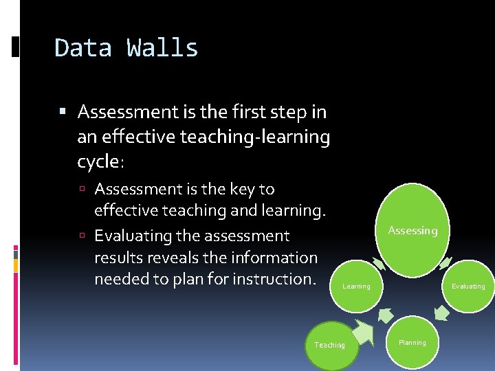 Data Walls Assessment is the first step in an effective teaching-learning cycle: Assessment is