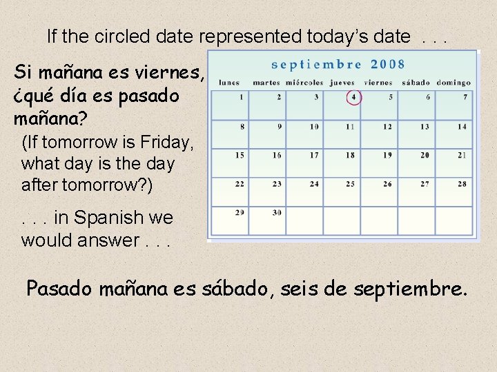 If the circled date represented today’s date. . . Si mañana es viernes, ¿qué