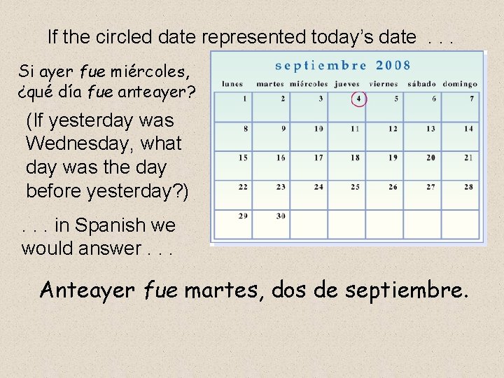 If the circled date represented today’s date. . . Si ayer fue miércoles, ¿qué
