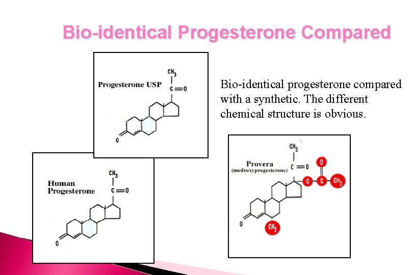 Bio-identical Progesterone Compared Bio-identical progesterone compared with a synthetic. The different chemical structure is