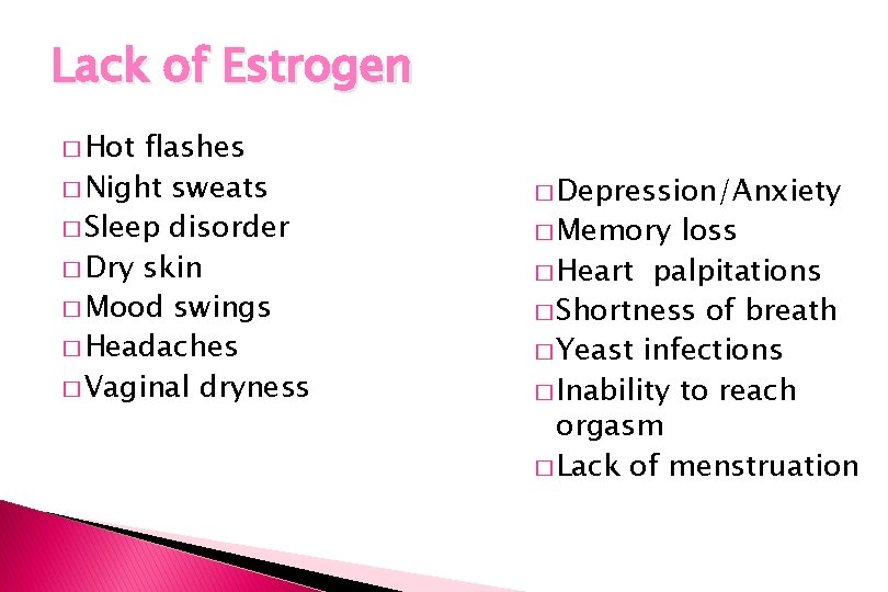 Lack of Estrogen � Hot flashes � Night sweats � Sleep disorder � Dry