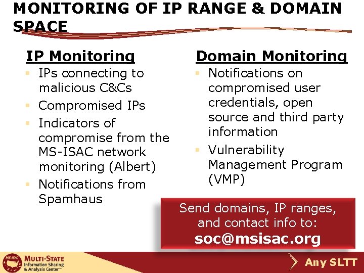 MONITORING OF IP RANGE & DOMAIN SPACE IP Monitoring Domain Monitoring § IPs connecting