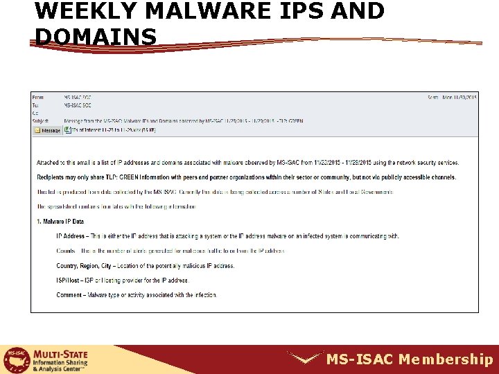 WEEKLY MALWARE IPS AND DOMAINS MS-ISAC Membership 