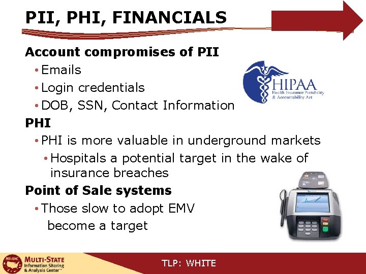 PII, PHI, FINANCIALS Account compromises of PII • Emails • Login credentials • DOB,