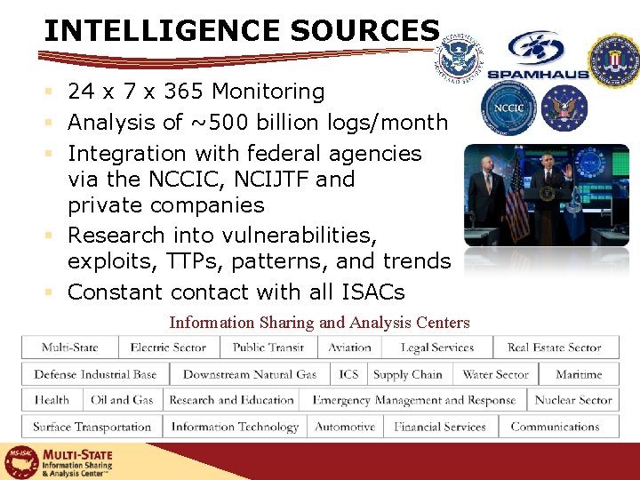 INTELLIGENCE SOURCES § 24 x 7 x 365 Monitoring § Analysis of ~500 billion