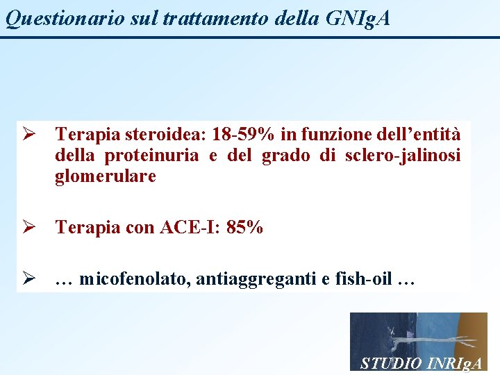 Questionario sul trattamento della GNIg. A Ø Terapia steroidea: 18 -59% in funzione dell’entità