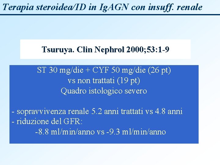 Terapia steroidea/ID in Ig. AGN con insuff. renale Tsuruya. Clin Nephrol 2000; 53: 1