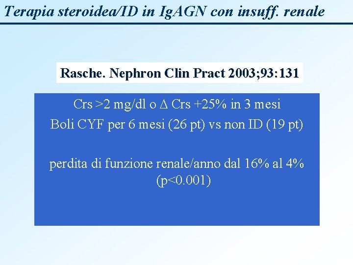 Terapia steroidea/ID in Ig. AGN con insuff. renale Rasche. Nephron Clin Pract 2003; 93: