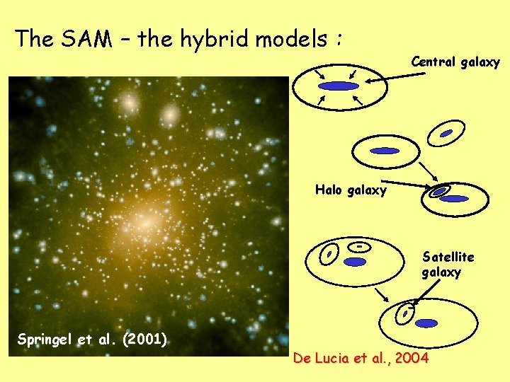 The SAM – the hybrid models : CDM Central galaxy CDM Halo galaxy Satellite