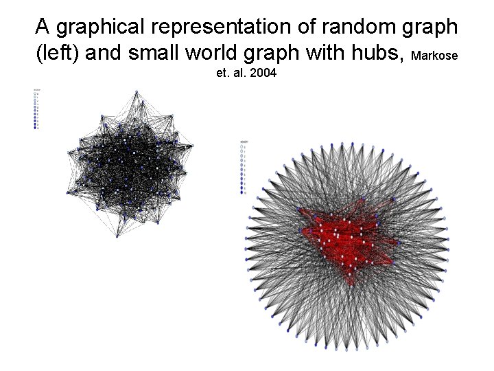 A graphical representation of random graph (left) and small world graph with hubs, Markose