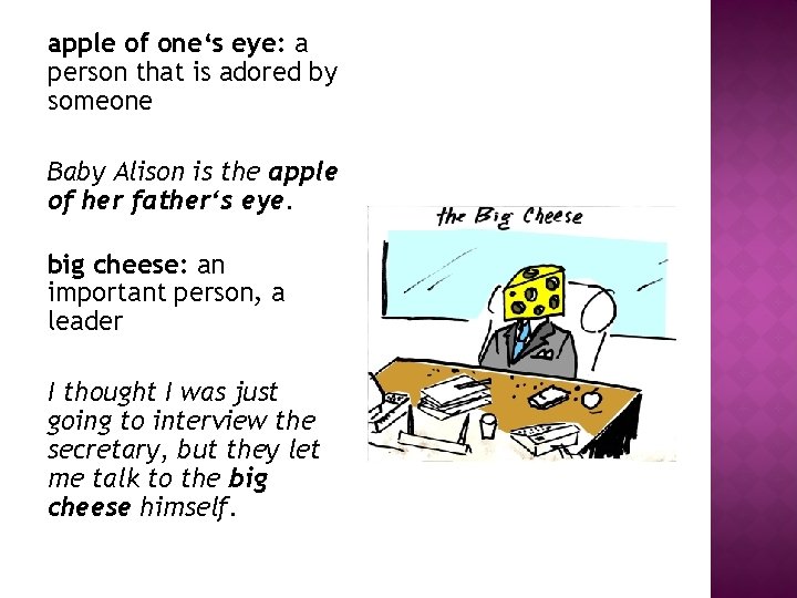 apple of one‘s eye: a person that is adored by someone Baby Alison is apple of one‘s eye: a person that is adored by someone Baby Alison is