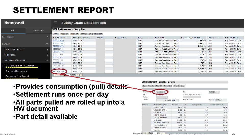 SETTLEMENT REPORT • Provides consumption (pull) details • Settlement runs once per day •