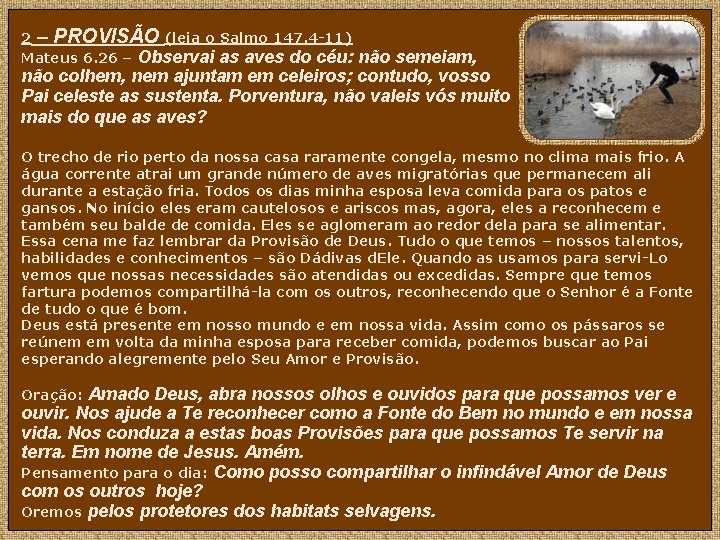 2 – PROVISÃO (leia o Salmo 147. 4 -11) Mateus 6. 26 – Observai