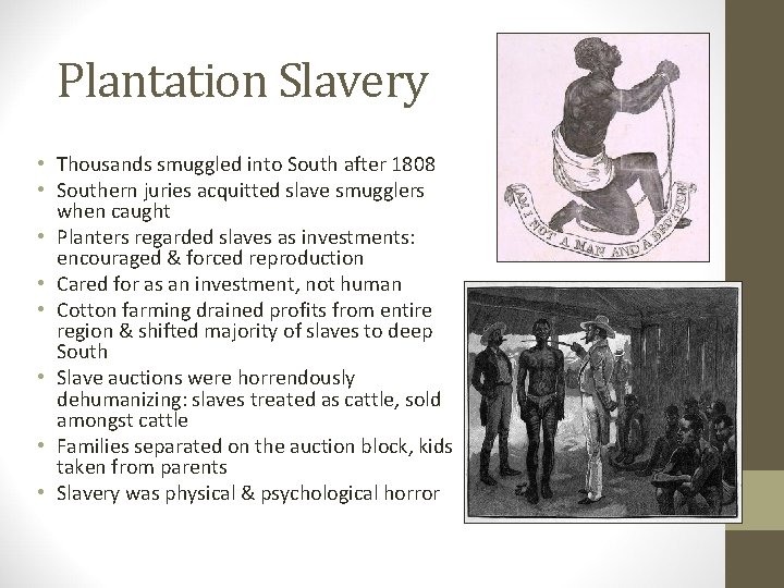 Plantation Slavery • Thousands smuggled into South after 1808 • Southern juries acquitted slave