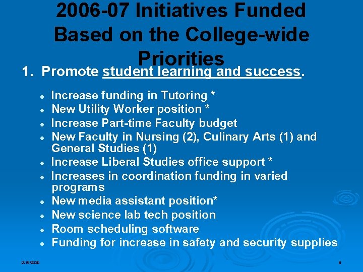 2006 -07 Initiatives Funded Based on the College-wide Priorities 1. Promote student learning and