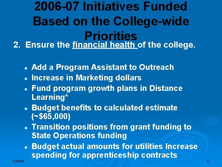 2006 -07 Initiatives Funded Based on the College-wide Priorities 2. Ensure the financial health
