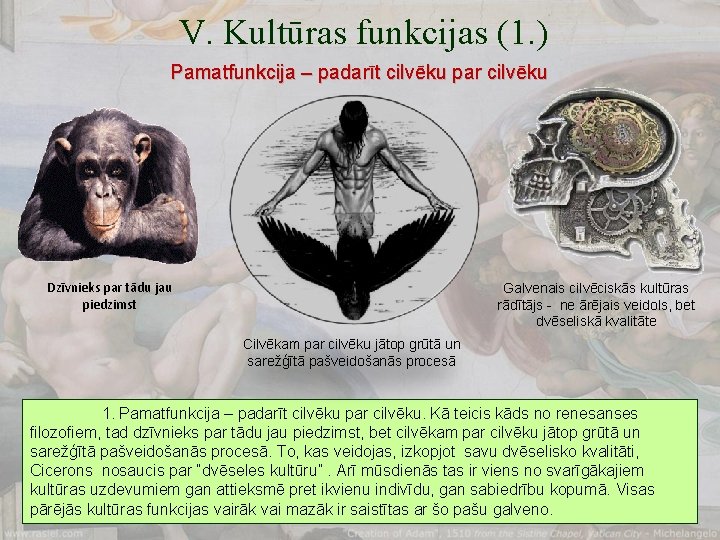 V. Kultūras funkcijas (1. ) Pamatfunkcija – padarīt cilvēku par cilvēku Dzīvnieks par tādu