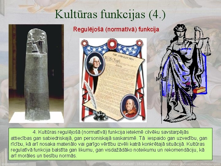 Kultūras funkcijas (4. ) Regulējošā (normatīvā) funkcija 4. Kultūras regulējošā (normatīvā) funkcija ietekmē cilvēku