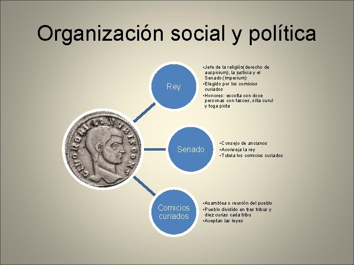 Organización social y política Rey • Jefe de la religión(derecho de auspicium), la justicia
