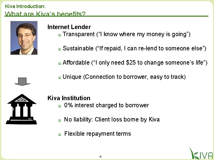 Kiva Introduction: What are Kiva’s benefits? Internet Lender q Transparent (“I know where my