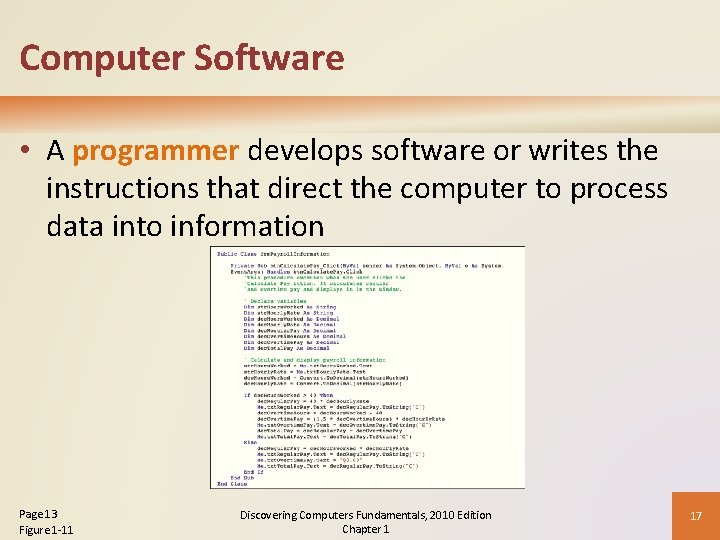 Computer Software • A programmer develops software or writes the instructions that direct the