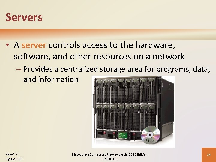 Servers • A server controls access to the hardware, software, and other resources on
