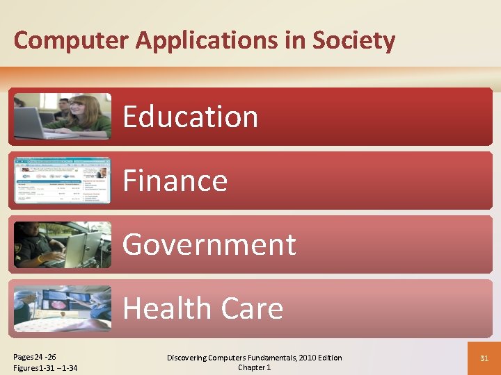 Computer Applications in Society Education Finance Government Health Care Pages 24 -26 Figures 1